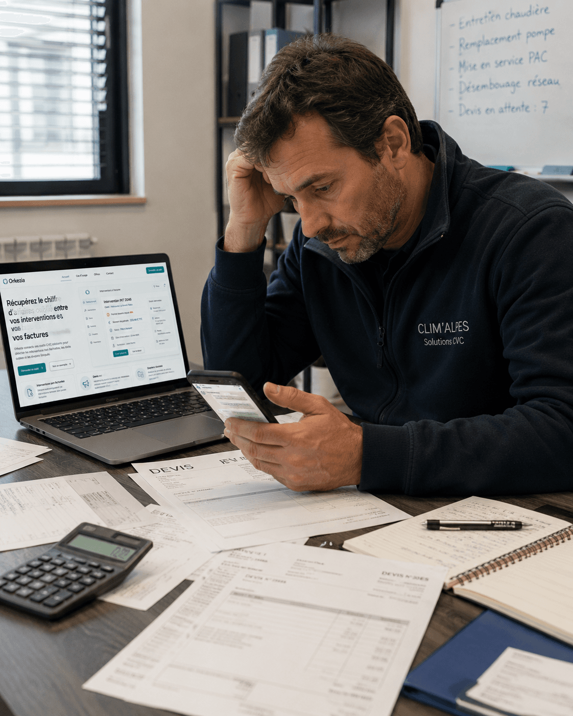 Dirigeant PME consultant devis, messages et calculatrice
